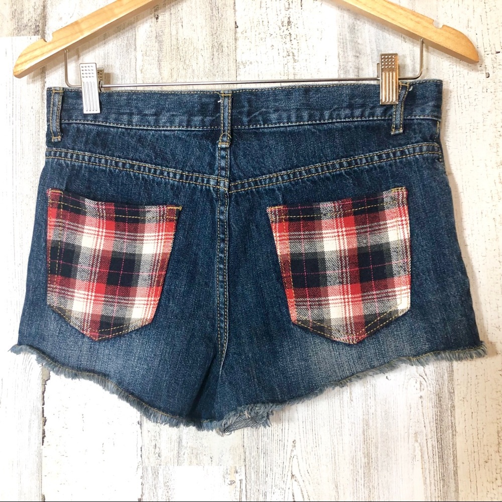F21 Plaid Flannel Denim Jean Cutoff Shorts - Picture 2 of 3